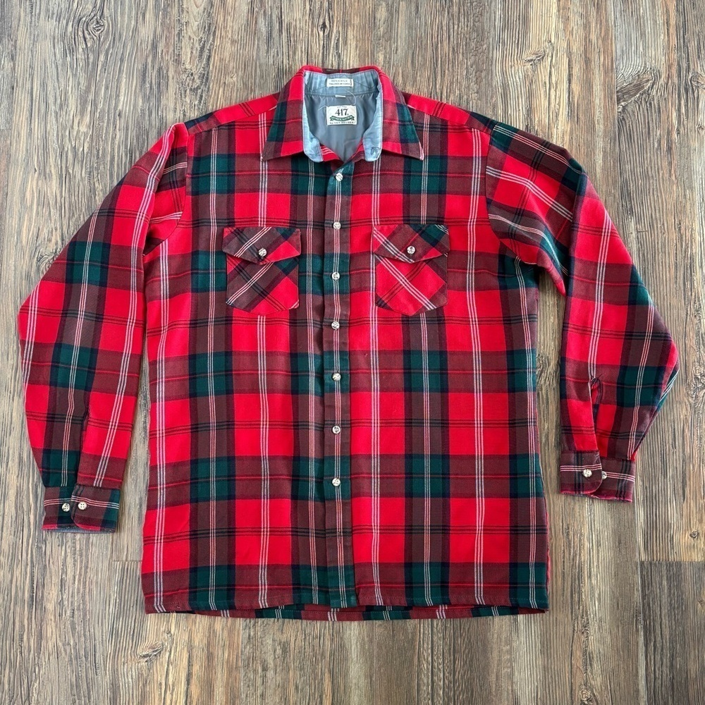 Vtg Van Heusen 417 Plaid Flannel Shirt Mens Lg Tall L/S Red Rockabilly Hipster